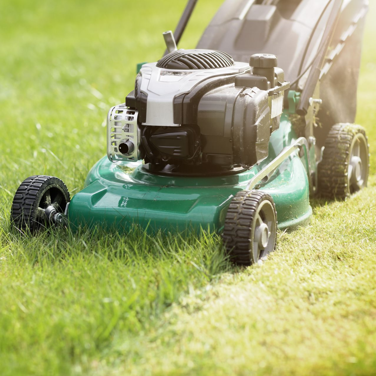Une tondeuse à gazon verte à essence est posée sur une pelouse partiellement tondue.
