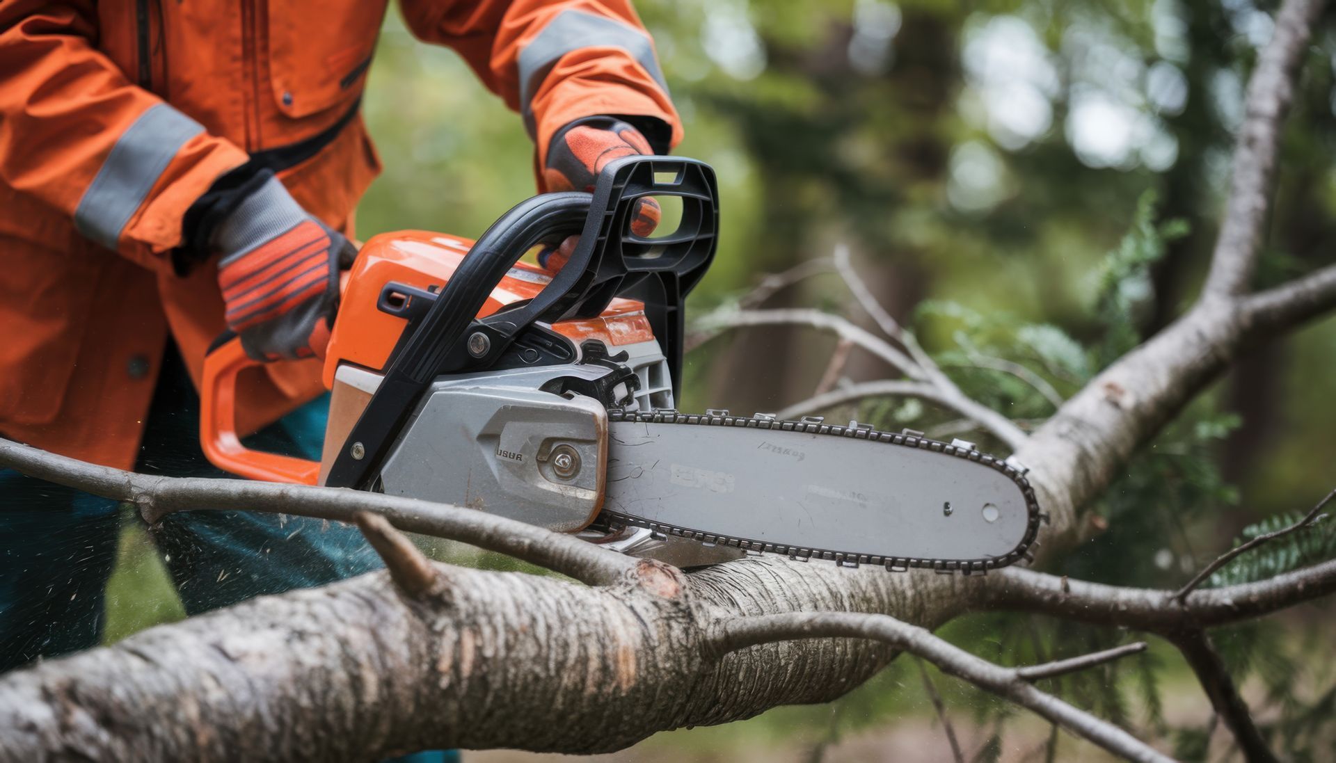 Une personne portant une veste de travail orange utilise une tronçonneuse pour couper le tronc d'un arbre tombé dans une forêt.