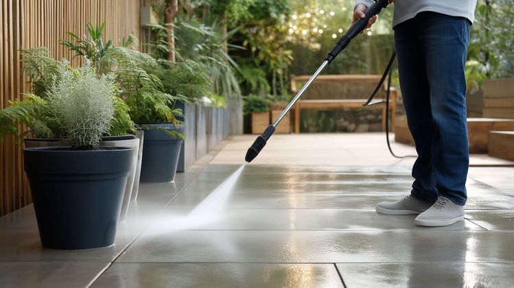 Une personne nettoie au nettoyeur haute pression une terrasse carrelée dans un jardin, à côté de plantes en pot.