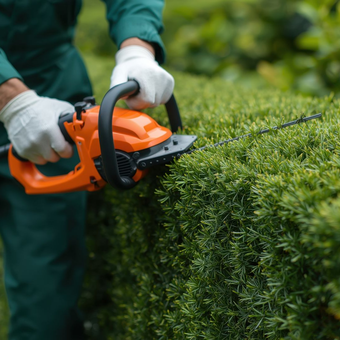 Une personne portant des gants blancs utilise un taille-haie électrique orange pour tailler une haie verte en extérieur.