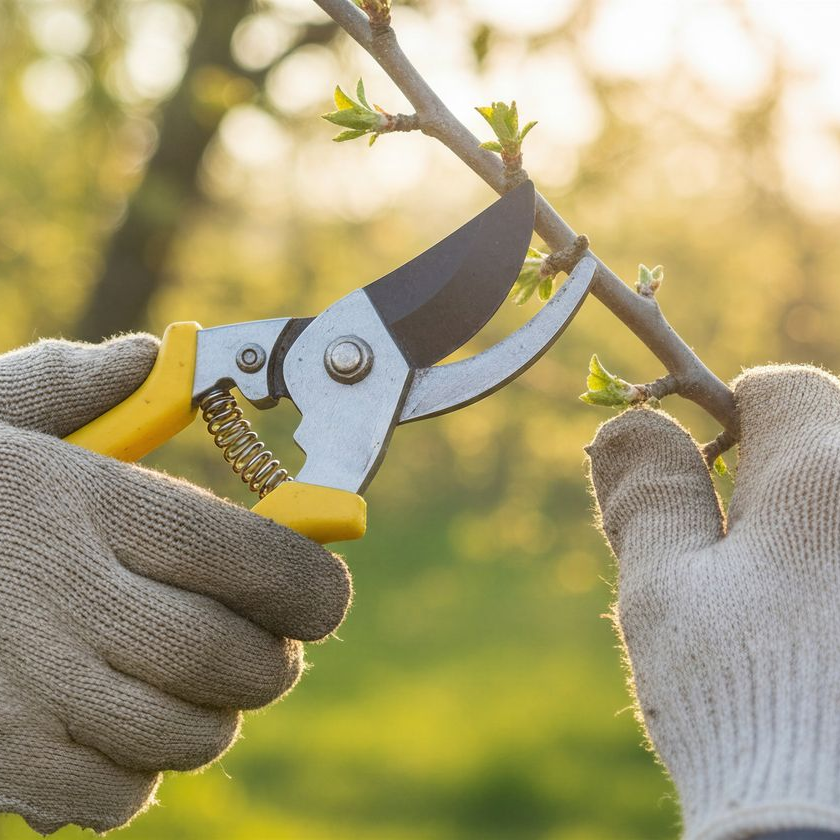 Des mains gantées utilisent un sécateur jaune pour tailler une petite branche d'arbre aux jeunes feuilles vertes, à l'extérieur, en plein soleil.