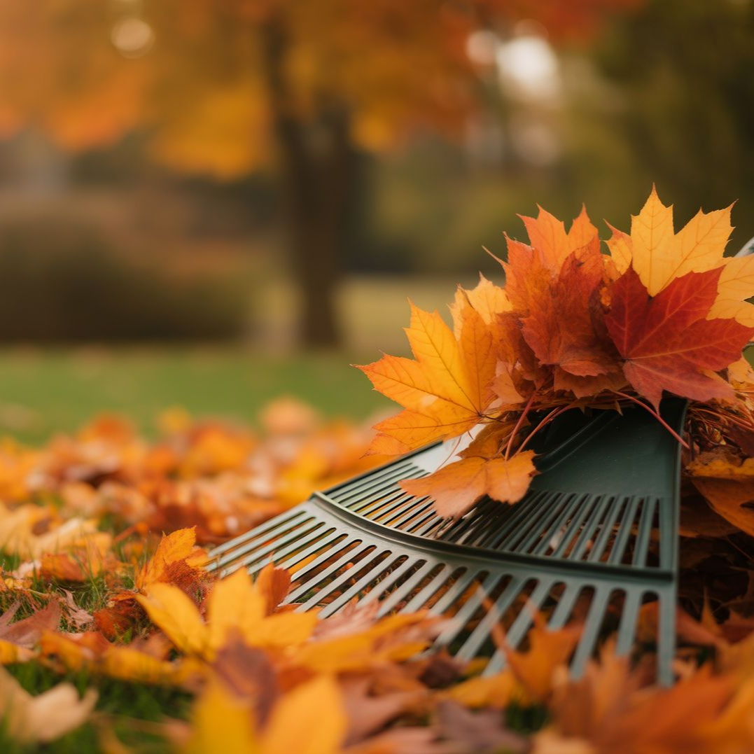 Un râteau vert posé sur un tas de feuilles d'automne aux couleurs éclatantes, dans une cour herbeuse.