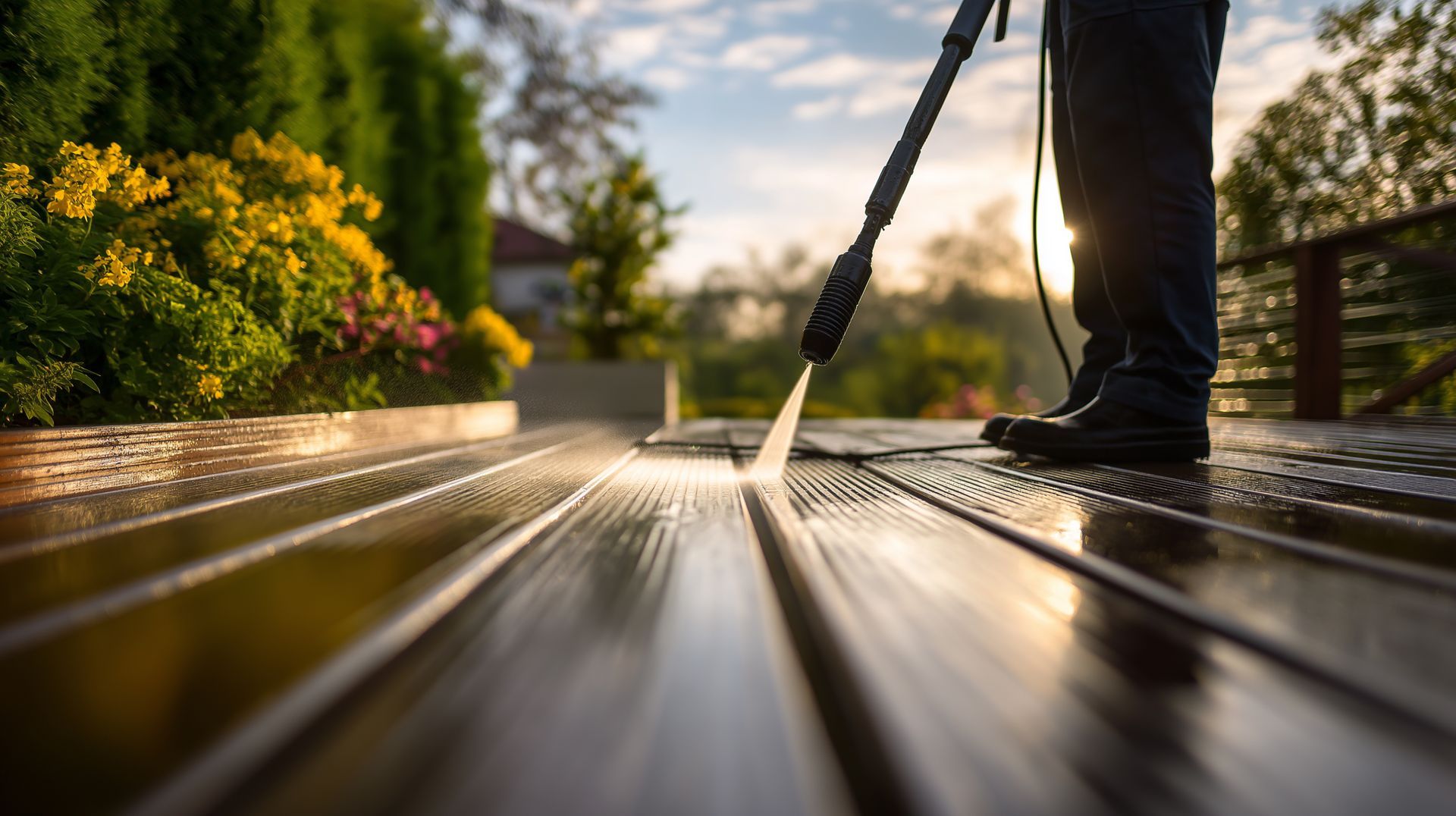 Une personne nettoie à haute pression une terrasse en bois sombre et humide à l'extérieur, au coucher du soleil, près de plantes à fleurs jaunes.