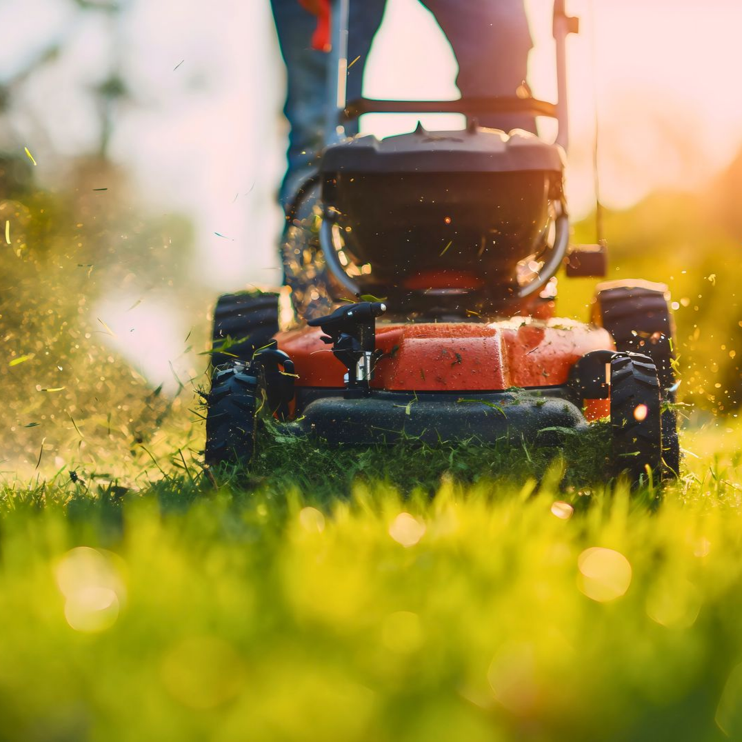 Une personne tond une pelouse d'un vert éclatant avec une tondeuse orange par une journée ensoleillée.
