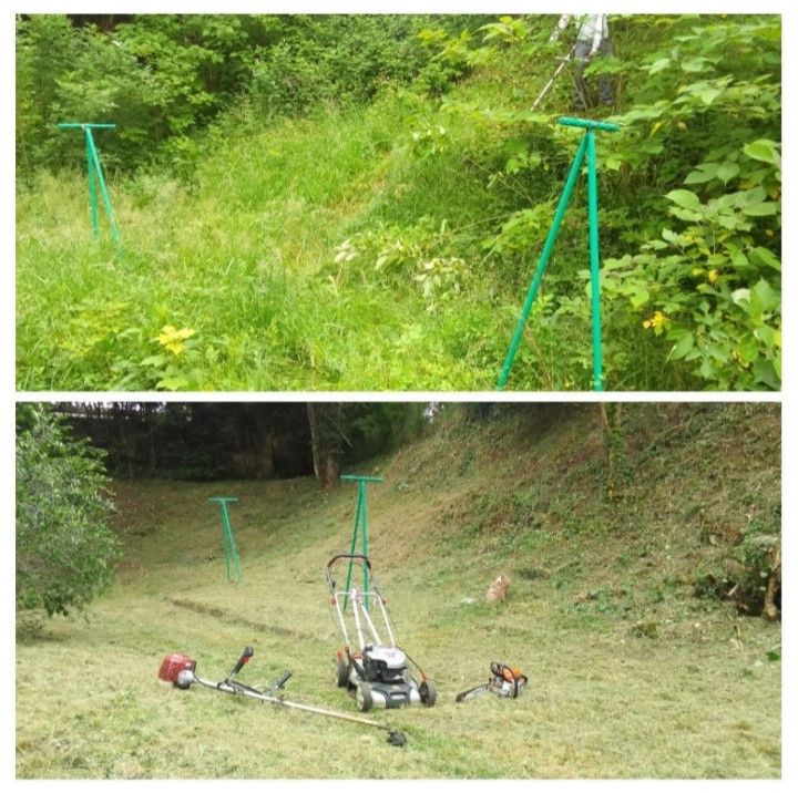 Vue avant et après du débroussaillage d'une colline envahie par les hautes herbes à l'aide d'un coupe-bordures, d'une tondeuse à gazon et d'une tronçonneuse.