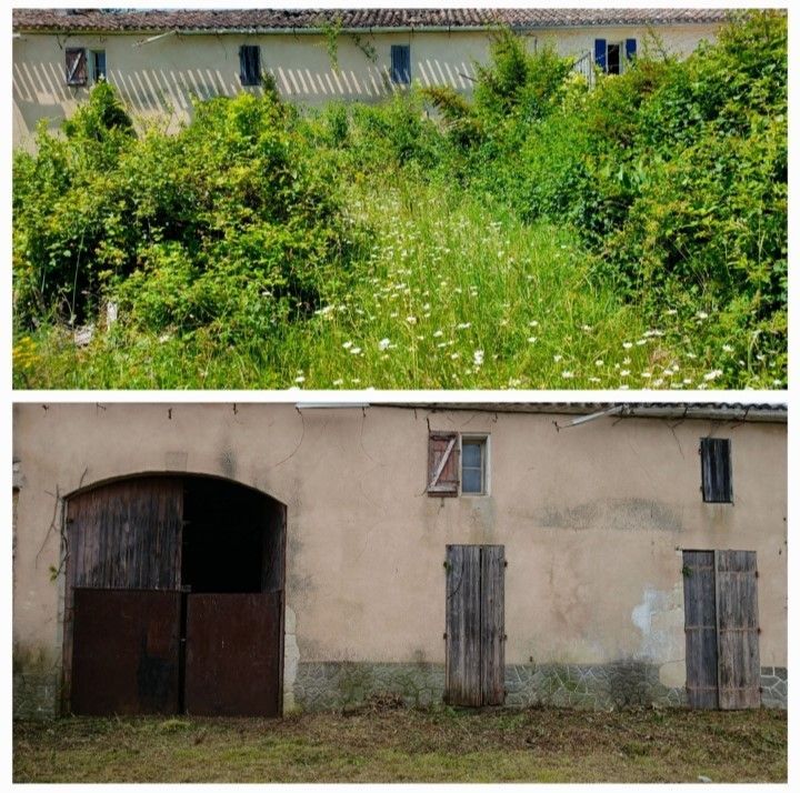 Vue avant/après d'un bâtiment rustique, montrant le débroussaillage d'une végétation dense révélant la façade en pierre de la structure.