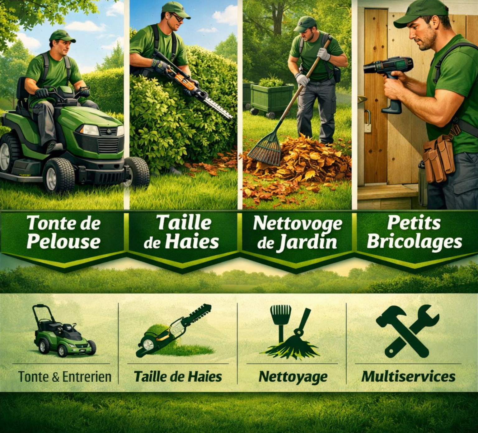 Un dépliant présentant quatre services d'entretien de jardin : tonte de pelouse, taille de haies, nettoyage de jardin et petits travaux de réparation à faire soi-même.