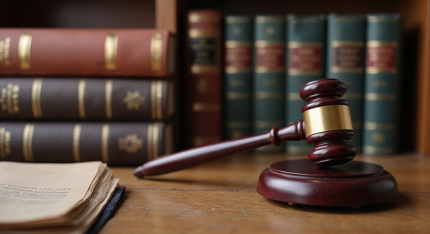 Un mazo de madera sobre un escritorio junto a libros de derecho y un documento en la biblioteca de un tribunal.