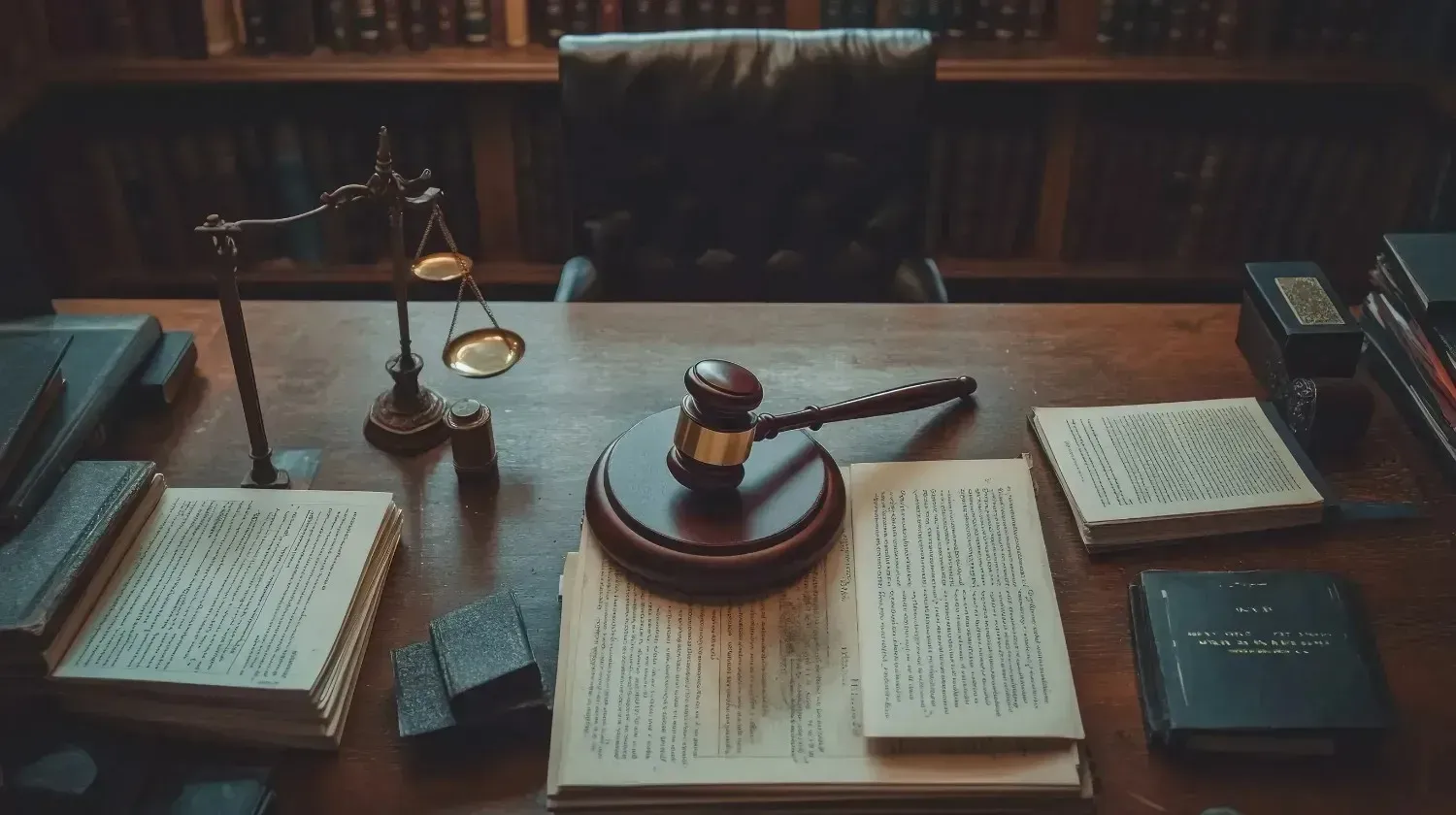 Balanza de latón sobre un escritorio con libros de leyes y una persona borrosa al fondo.