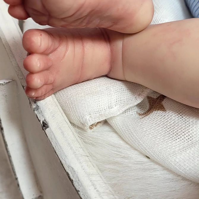 Pies de bebé descansando sobre una manta blanca, con la mano de un adulto tocándolos suavemente.