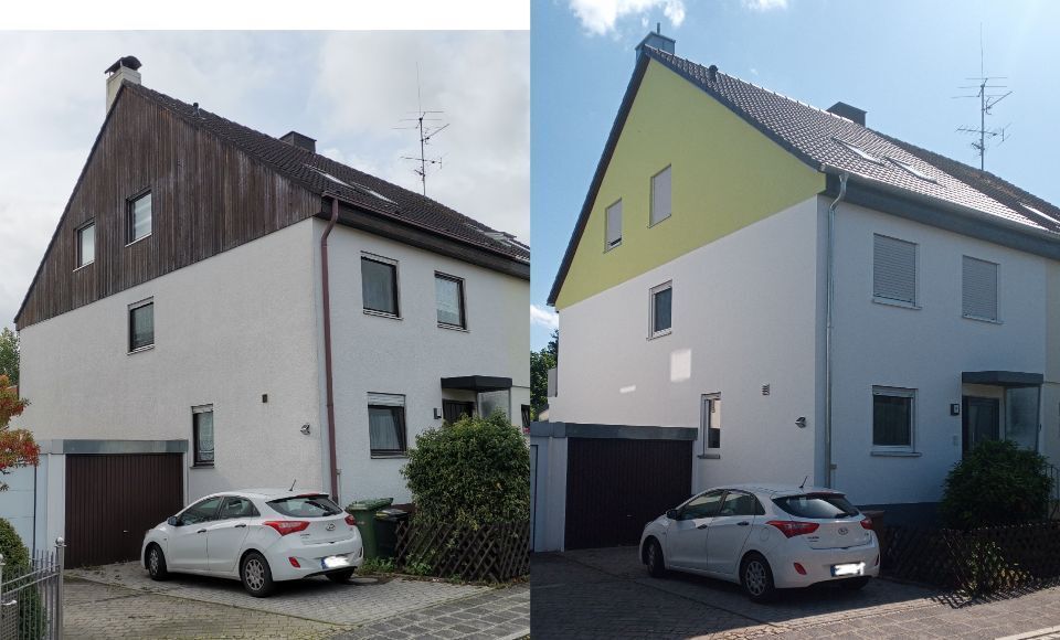 Gold Manuel Malerbetrieb Vorher-Nachher-Bild einer Hausfassade zuerst in Braun und nachher in Grün