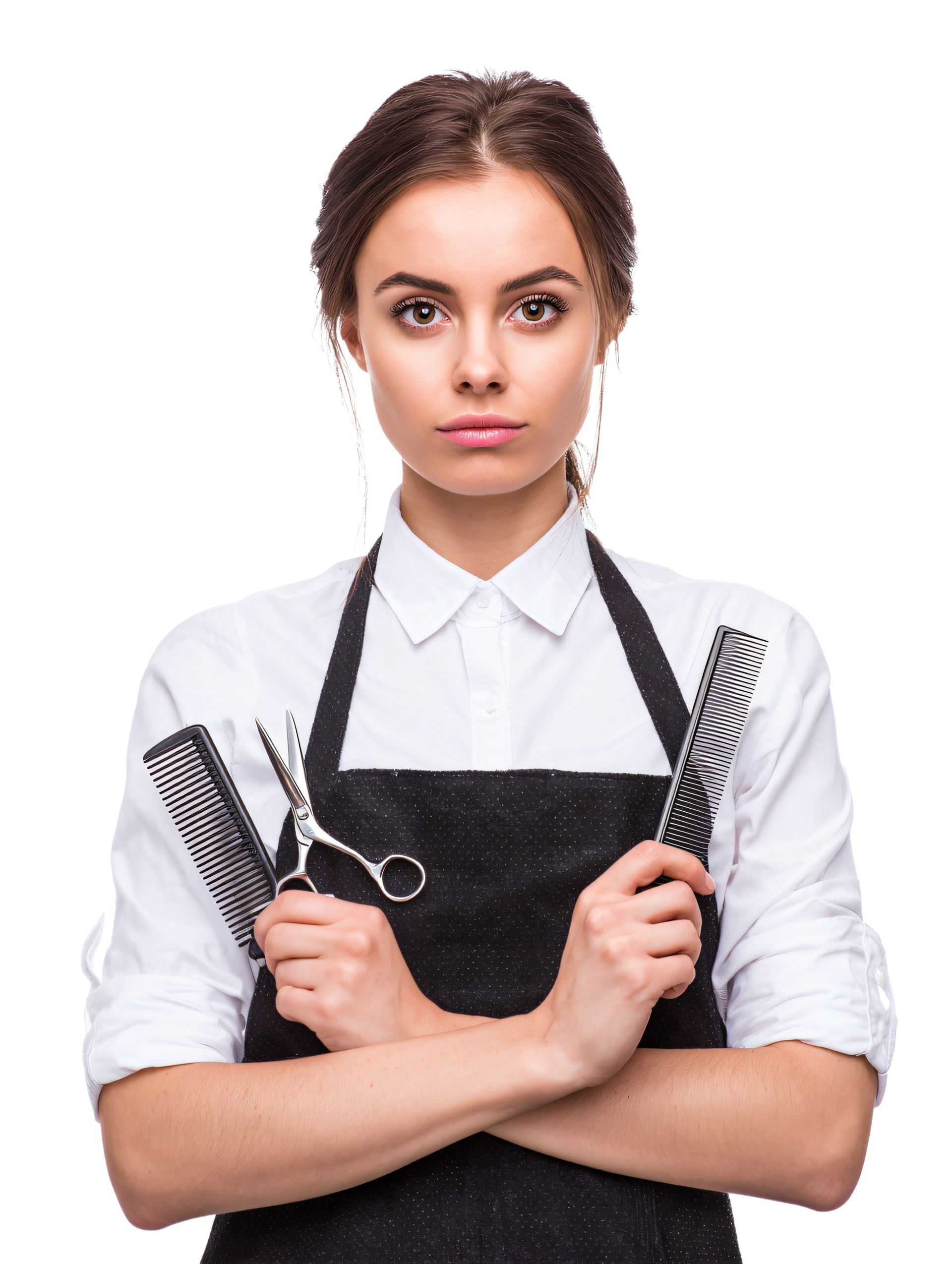 Femme en tablier noir tenant des ciseaux et des peignes, l'air sérieux.