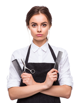 Femme coiffeuse tenant des ciseaux et des peignes, vêtue d'une chemise blanche et d'un tablier noir.