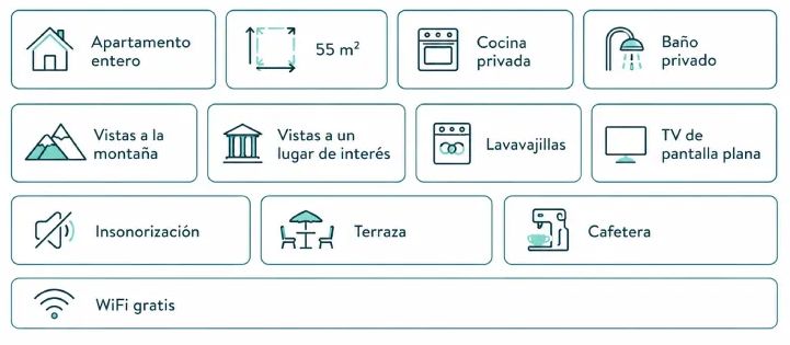 El apartamento cuenta con iconos de servicios para una superficie de 55 m², que incluyen cocina, baño privado, vistas a la montaña, conexión Wi-Fi gratuita y televisión.
