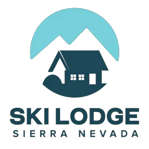 Logotipo de Ski Lodge Sierra Nevada con monta&ntilde;a, caba&ntilde;a y emblema circular de color turquesa