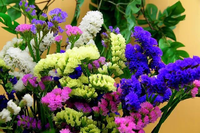 Un ramo de flores de diferentes colores está sobre una mesa.