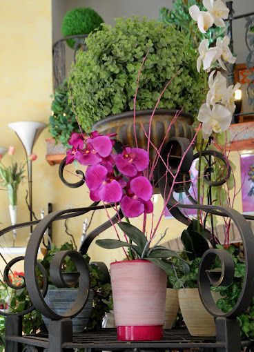 Un estante con flores moradas y plantas verdes.