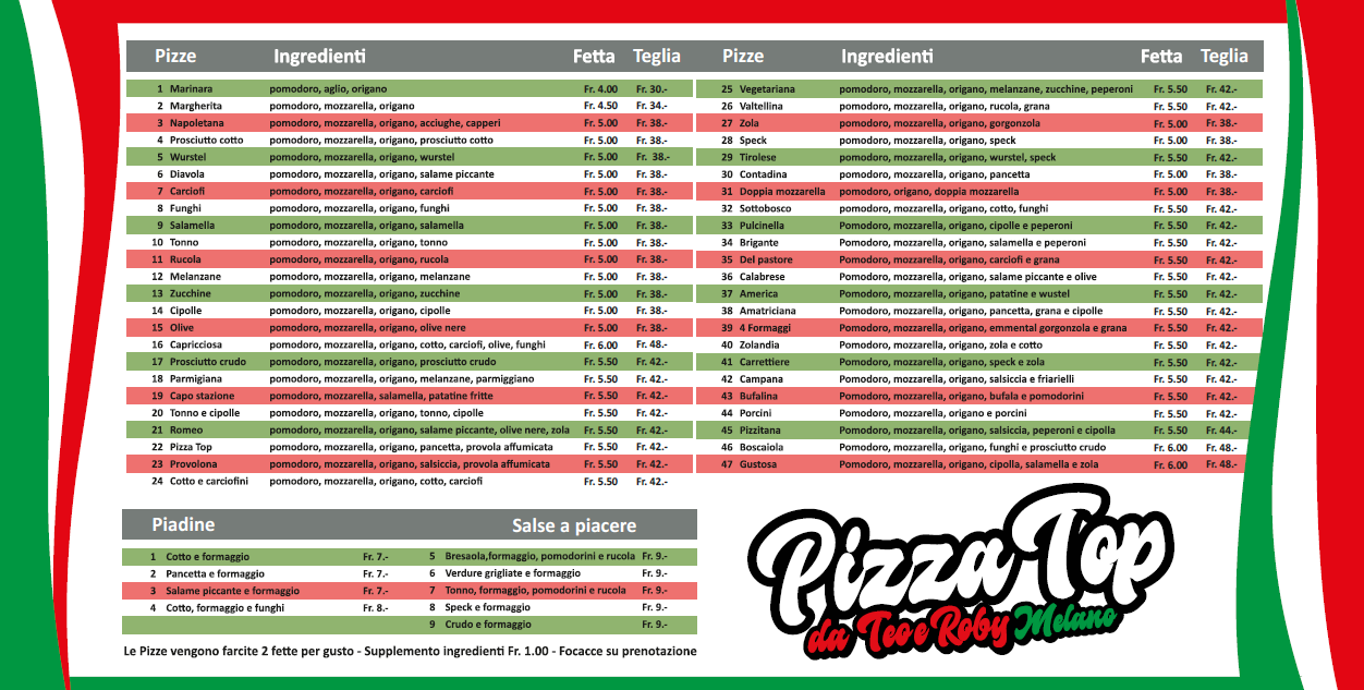 Menù principale della pizza con listino prezzi. Dettagli verdi e rossi, logo.