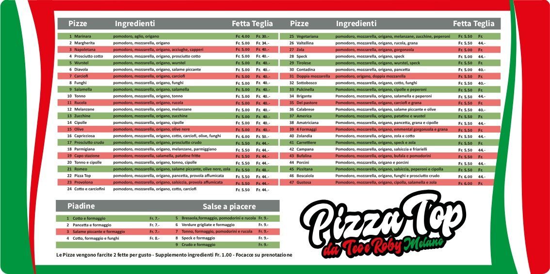 Menù principale della pizza con listino prezzi. Dettagli verdi e rossi, logo.
