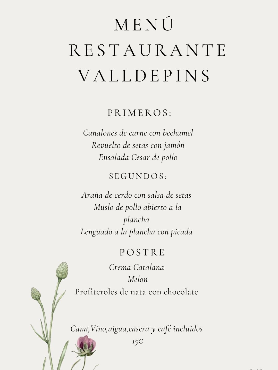 A menu for Restaurante Valldepins titled