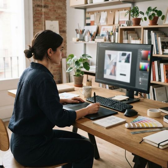 Espacio de trabajo con monitor mostrando software de dise&ntilde;o, con tableta gr&aacute;fica