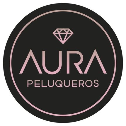 Logotipo de c&iacute;rculo negro con texto rosa: "AURA PELUQUEROS" y un diamante.