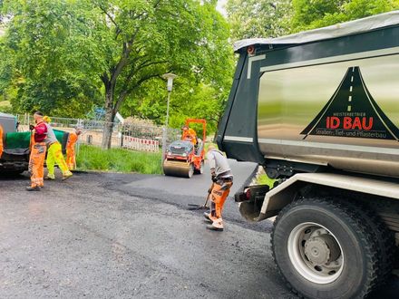Straßenarbeiter asphaltieren eine Straße neben einem Muldenkipper und einer kleinen Walze unter grünen Bäumen
