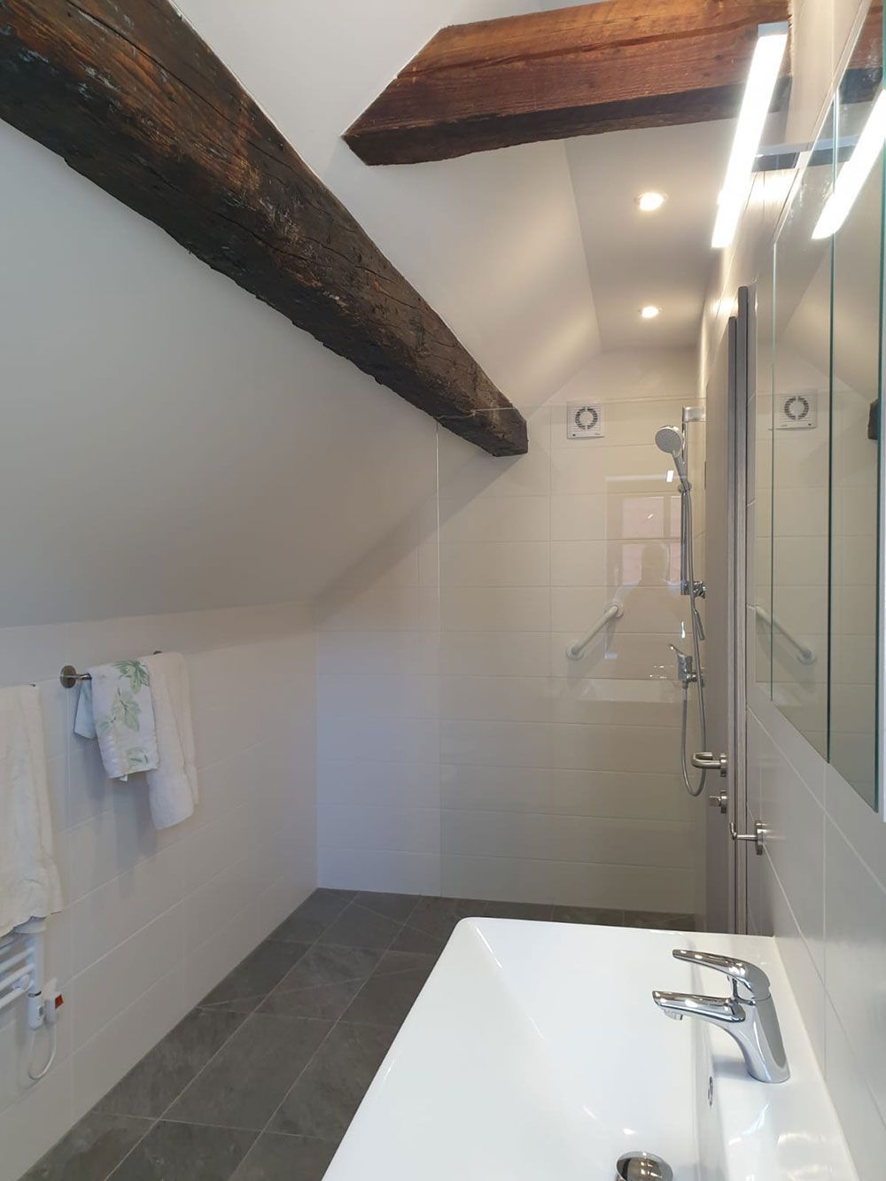 Ein Badezimmer mit Waschbecken, Spiegel und Dusche.