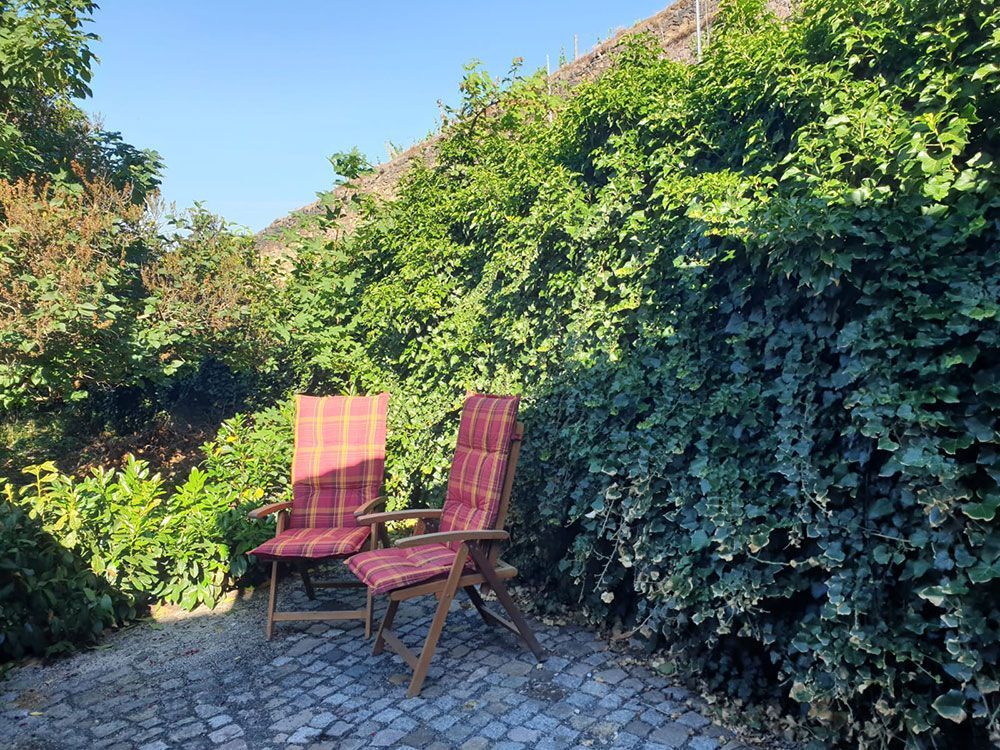 Zwei Stühle stehen auf einer gepflasterten Terrasse vor einem Busch.