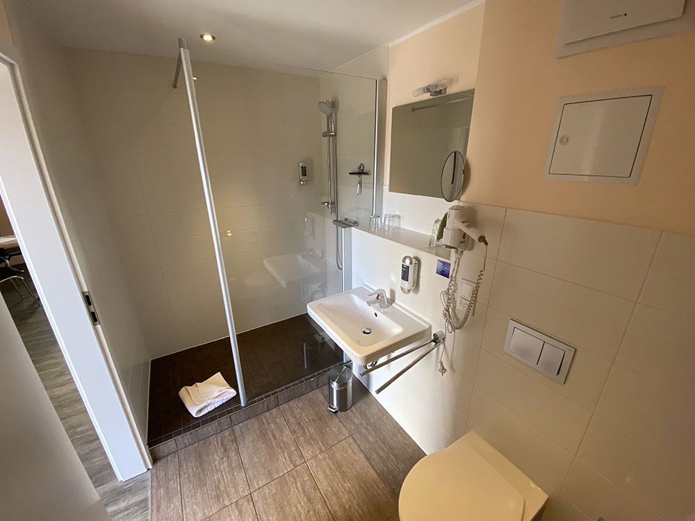 Ein Badezimmer mit Waschbecken, Toilette, Dusche und Spiegel.