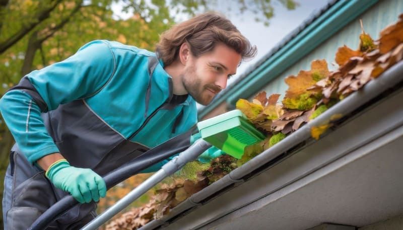 Ein Mann entfernt Blätter aus einer Dachrinne | MMJ Glas- und Gebäudereinigung