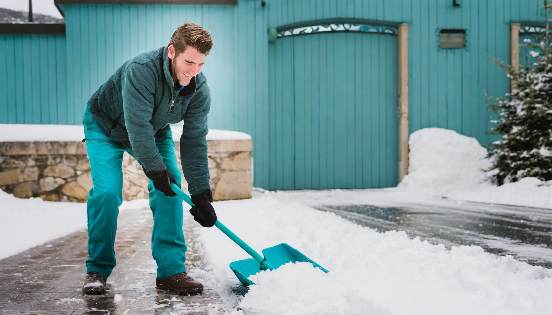 Ein Mann schaufelt Schnee mit einer blauen Schaufel | MMJ Glas- und Gebäudereinigung