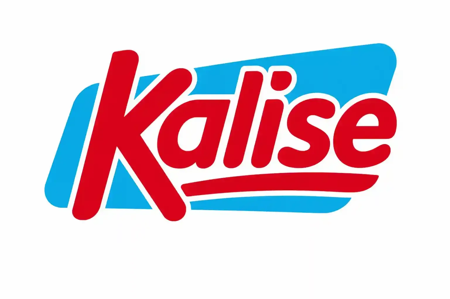 Logotipo de Kalise en letras rojas sobre un fondo azul con forma de curva.