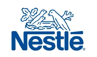 Logotipo de Nestlé con un pájaro alimentando a sus polluelos en un dibujo lineal azul sobre la palabra "Nestlé".