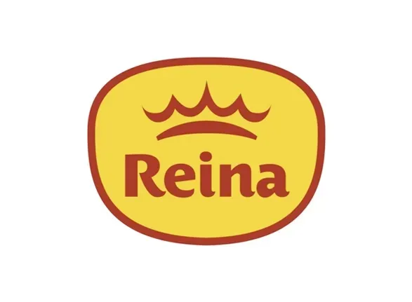 Logotipo de Reina en rojo sobre un óvalo amarillo con un detalle en forma de corona sobre el texto.