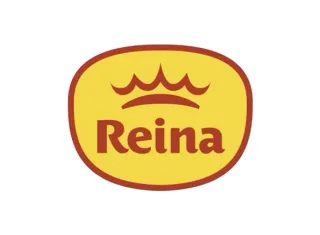 Logotipo de Reina en rojo sobre un óvalo amarillo con un detalle en forma de corona sobre el texto.