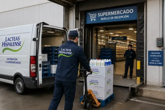 Los trabajadores descargan cajas de leche de una furgoneta de reparto en la entrada de un supermercado.