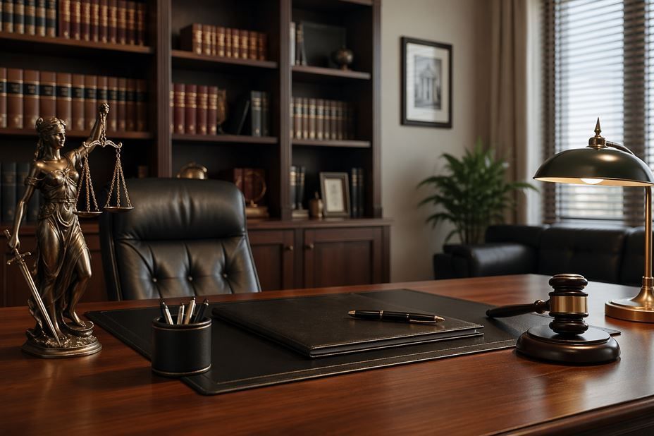 Escritorio de bufete de abogados con mazo, balanza, portalápices y estanterías al fondo.
