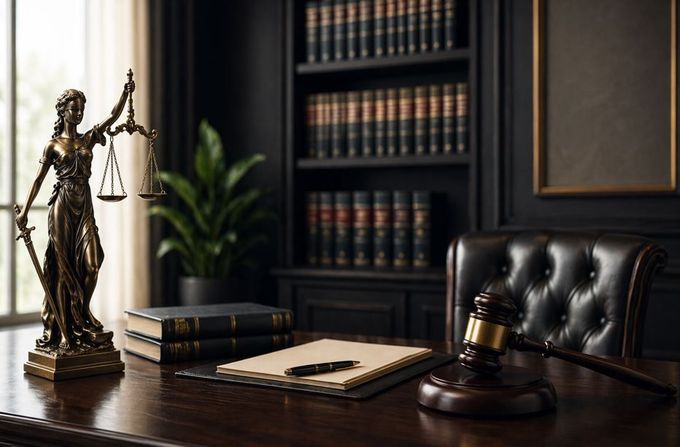 Escritorio de bufete de abogados con estatua de la justicia, mazo, libros y silla de cuero.