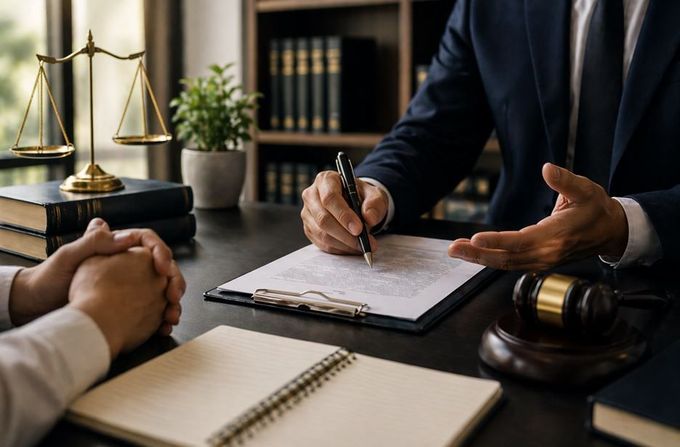 Un abogado firma documentos frente a un cliente, con la balanza de la justicia y el mazo cerca.
