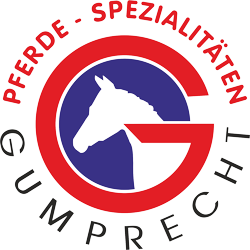 Logo: Horse head silhouette inside a red-rimmed circle with a red "G". Text: "Pferde - Spezialit&auml;ten Gumprecht" in red.