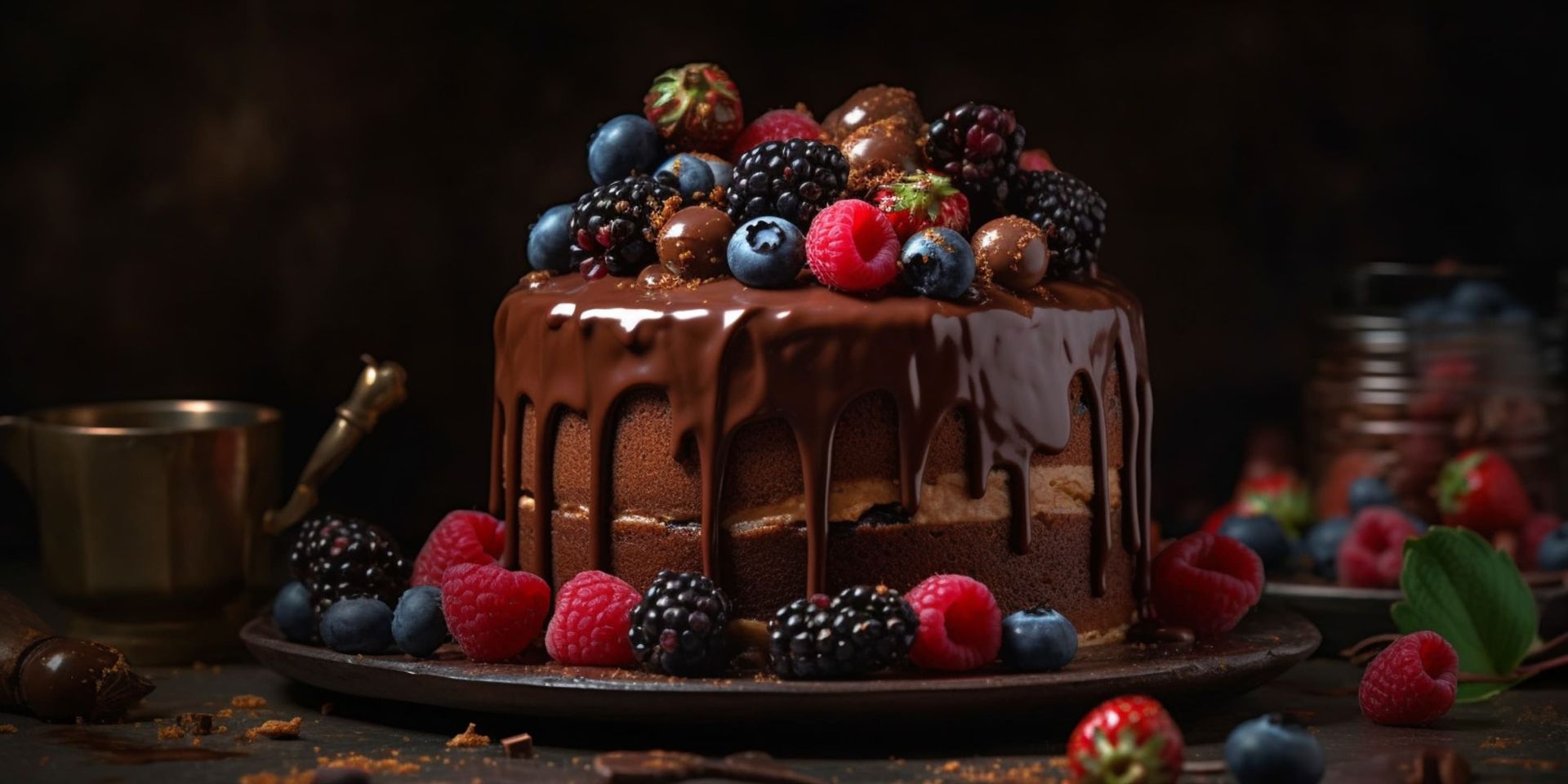 Un pastel de chocolate con bayas encima está en un plato sobre una mesa.