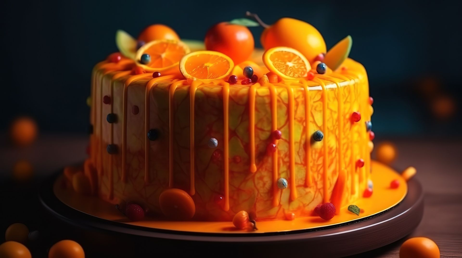 Un pastel con rodajas de naranja y bayas encima.