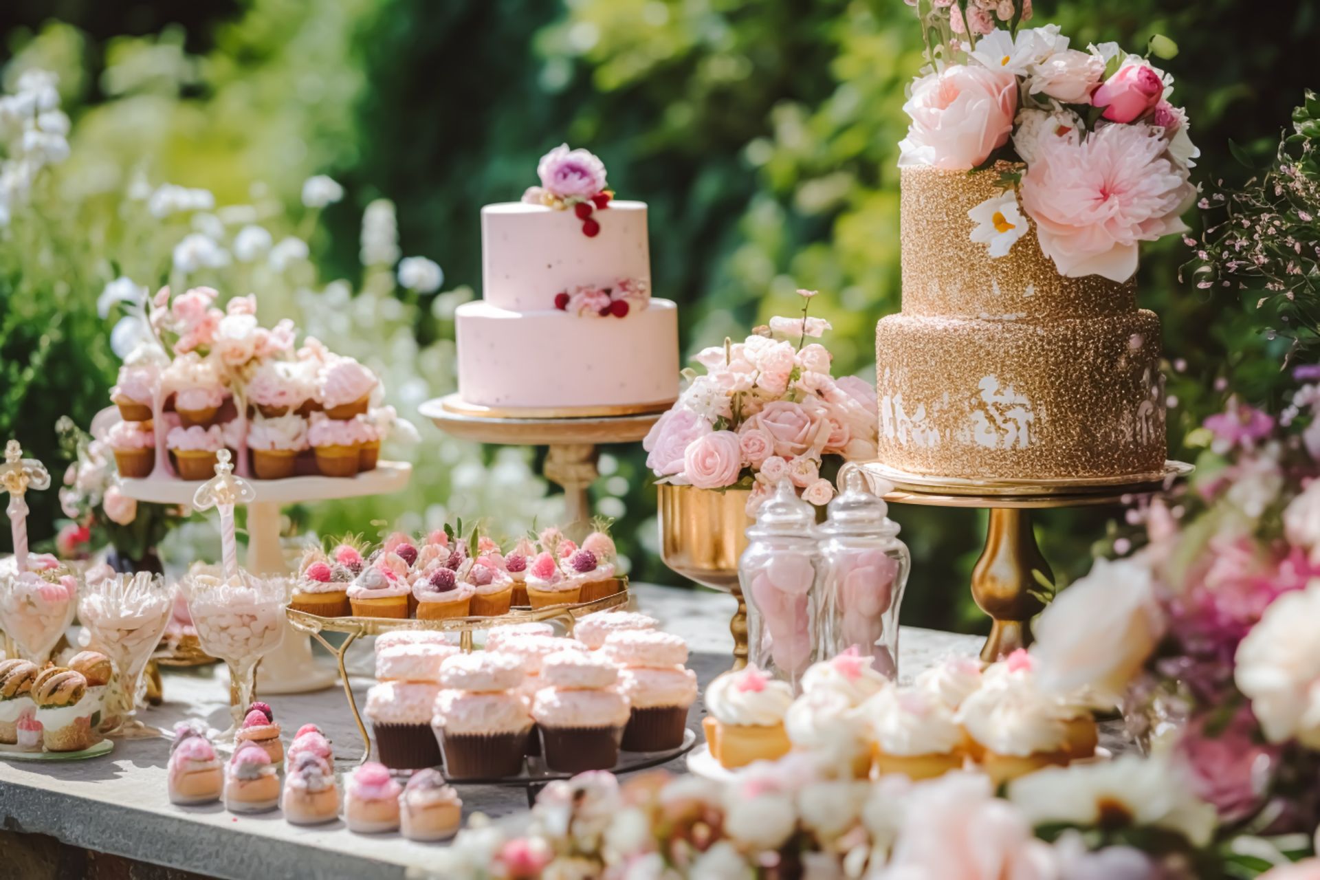 Una mesa cubierta con cupcakes, pasteles y flores.