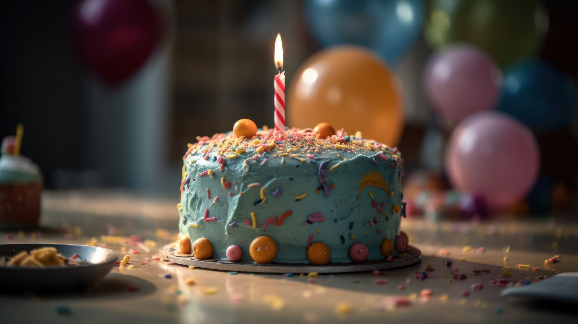 Un pastel de cumpleaños con una vela encendida encima está sobre una mesa.