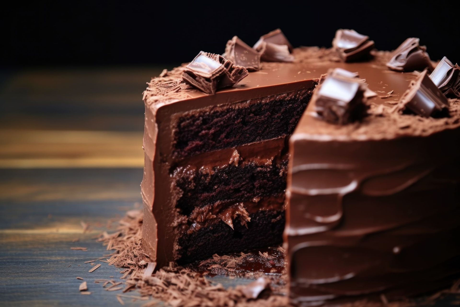 Un pastel de chocolate con un trozo retirado del mismo sobre una mesa de madera.
