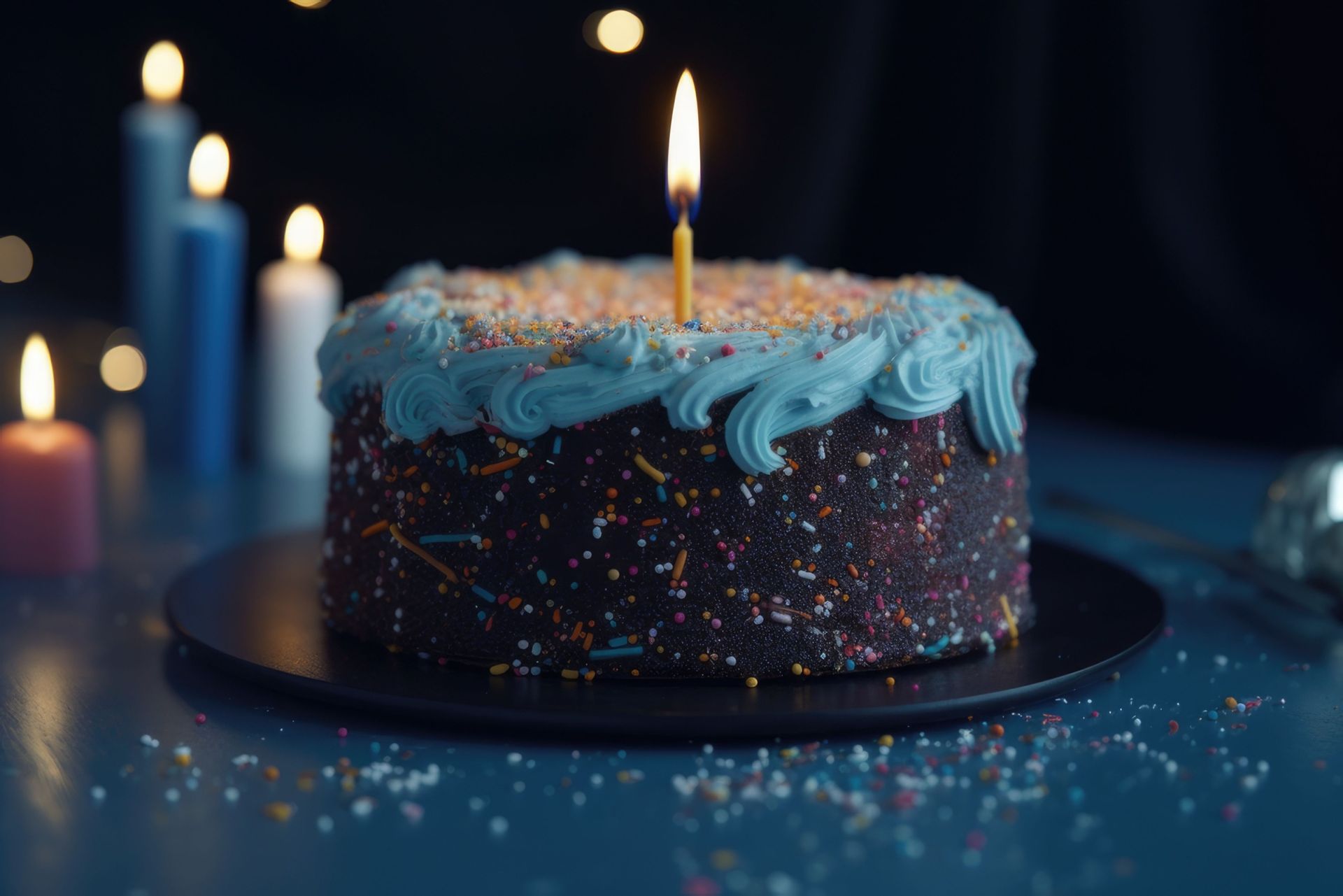 Un pastel de cumpleaños con velas y chispas sobre una mesa.