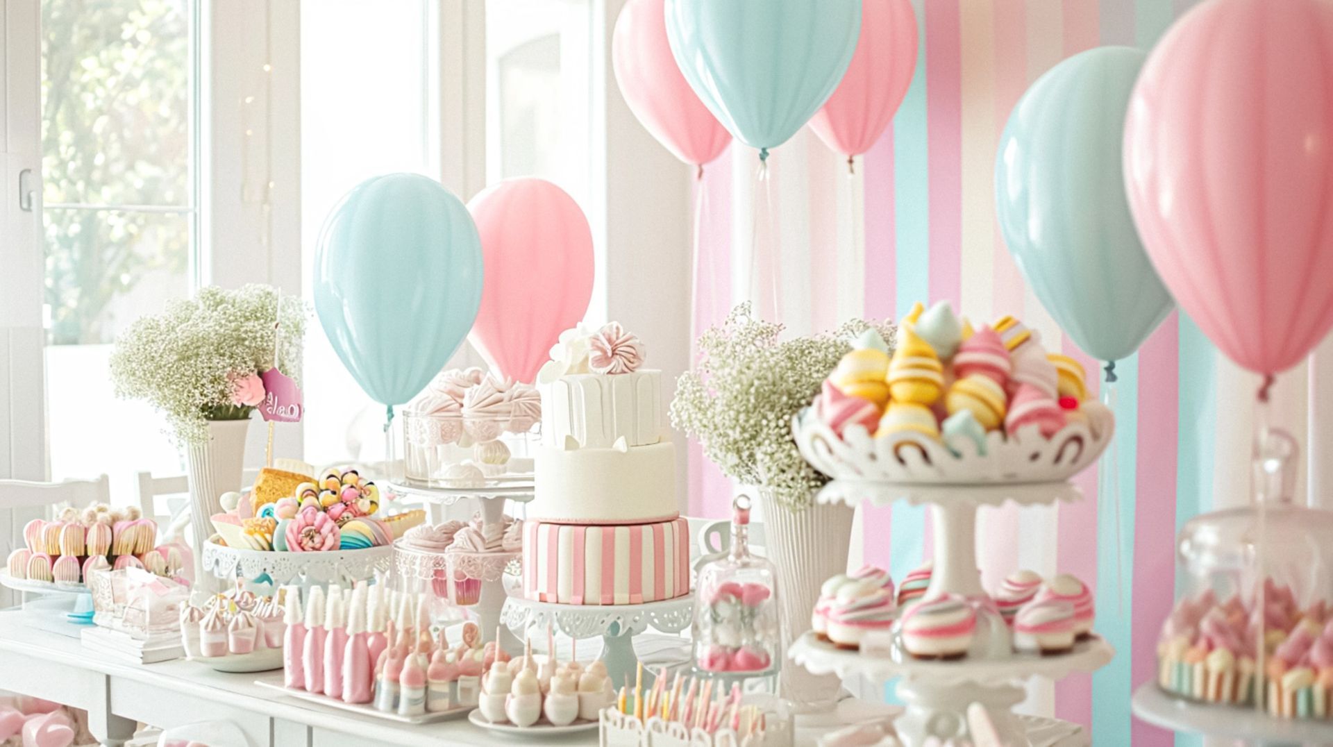 Una mesa llena de muchos postres y globos para un baby shower.