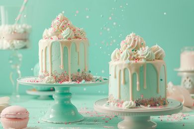 Dos pasteles con glaseado blanco y chispas sobre una mesa.