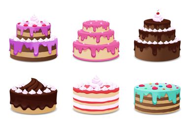 Un conjunto de seis tipos diferentes de pasteles sobre un fondo blanco.